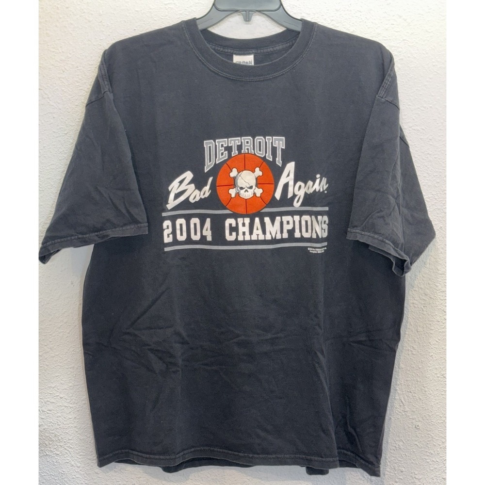 VTG 2004 Detroit Pistons NBA Champion Bad Boys Skull Rap Tee 2XL Gildan Black